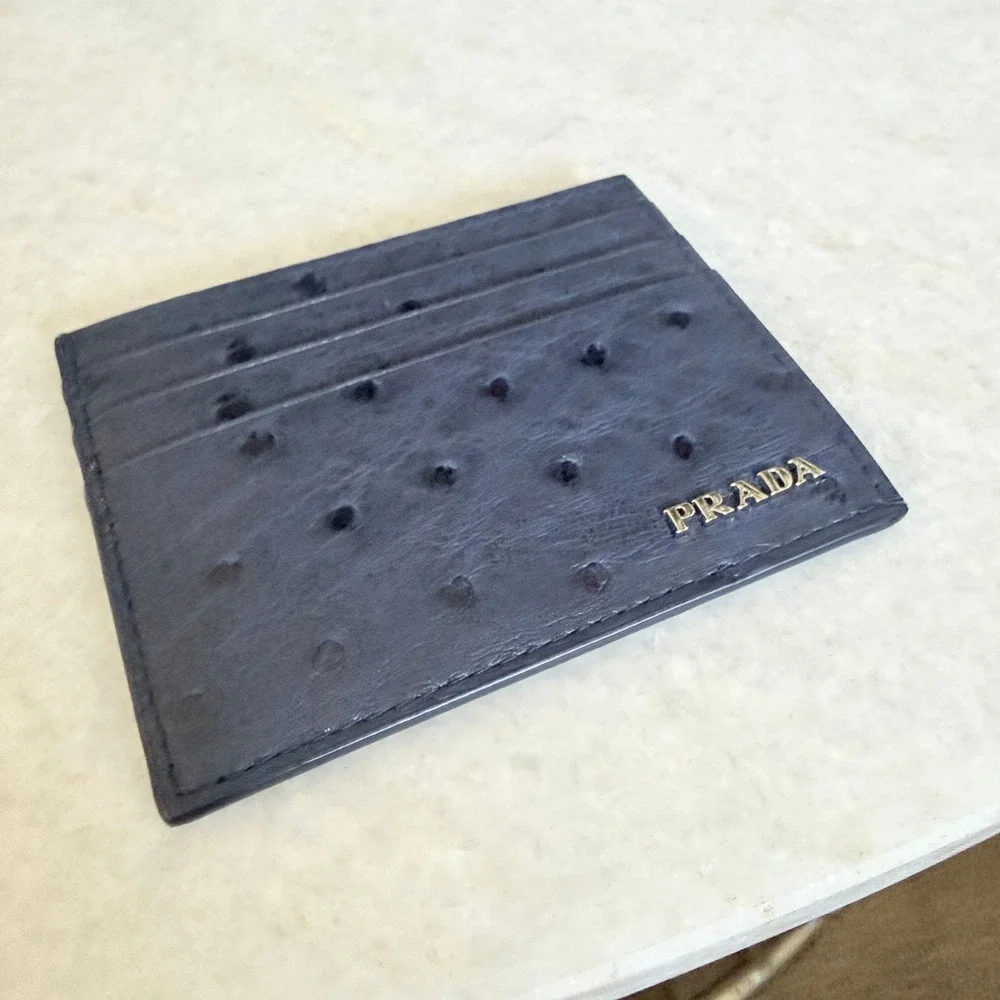 Prada Baltico Ostrich Leather Card Holder Wallet 2MC223 Struzzo Navy Blue Italy